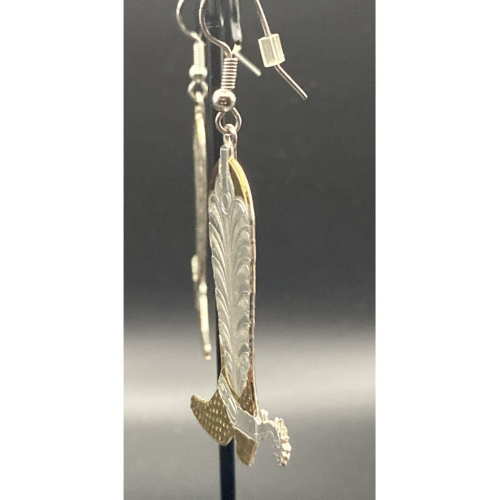 Western Earrings Cowboy Boots Spurs  Diamond Cut Ornate Gold Silver Dangle Drop - Picture 7 of 9